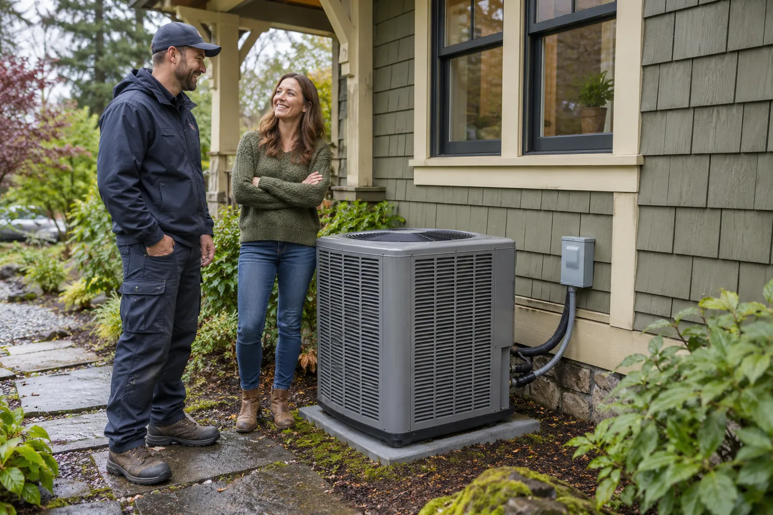A local provider and a homeowner reviewing a new outdoor AC unit beside a wood-frame home in Yelm