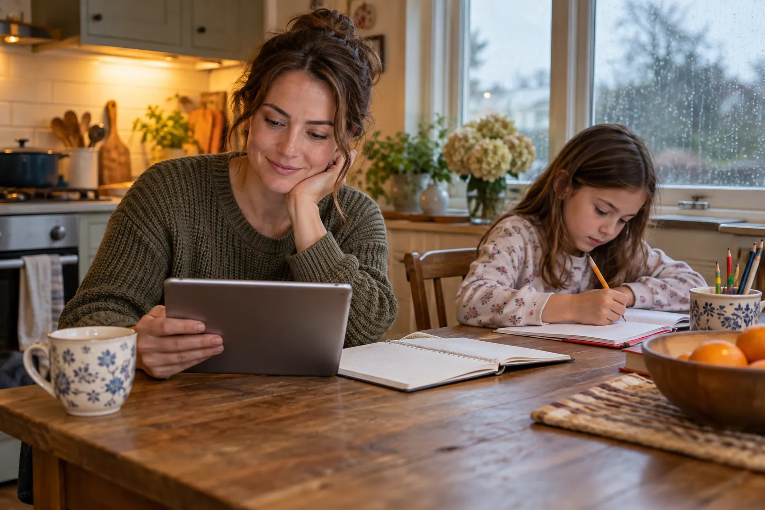 A homeowner reviewing a heating and cooling checklist at the kitchen table
