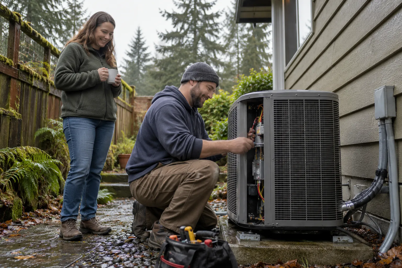 A friendly local provider checking an outdoor AC unit beside a wood-frame home in Yelm